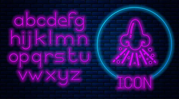 Glowing neon Runny nose icon isolated on brick wall background. Rhinitis symptoms, treatment. Nose and sneezing. Nasal diseases. Neon light alphabet. Vector Illustration — 스톡 벡터