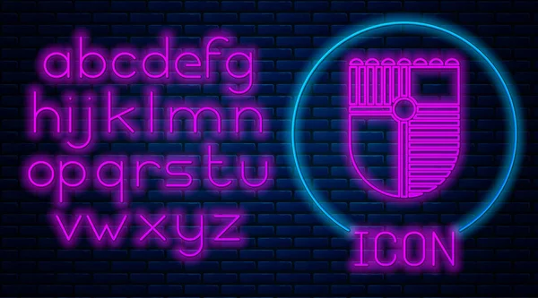 Leuchtende Neon-Schild für Spiel-Symbol isoliert auf Backsteinwand Hintergrund. Neonlicht-Alphabet. Vektorillustration — Stockvektor