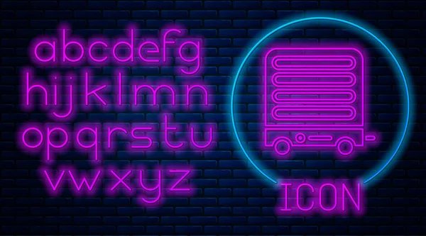 Świecący neon Elektryczna ikona grzejnika izolowana na tle cegły. Ogrzewacz podłogowy na podczerwień z pilotem. Kontrola klimatu w domu. Neonowy alfabet świetlny. Ilustracja wektora — Wektor stockowy