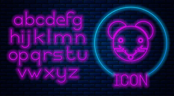 Glowing neon Rat zodiac sign icon isolated on brick wall background. Astrological horoscope collection. Neon light alphabet. Vector Illustration — 스톡 벡터