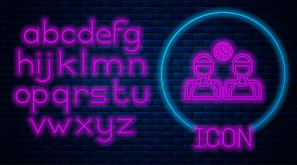 Leuchtende Neon-Basketballspieler-Ikone isoliert auf Backsteinmauer Hintergrund. Neonlicht-Alphabet. Vektorillustration — Stockvektor