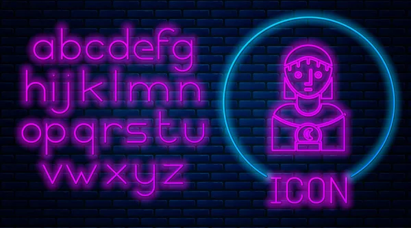 Świecący neon Astrologia kobieta ikona izolowane na tle cegły ściany. Neonowy alfabet świetlny. Ilustracja wektora — Wektor stockowy