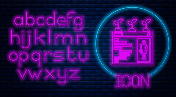 Glowing neon Smart farming technology - farm automation system in app icon isolated on brick wall background. Neon light alphabet. Vector Illustration — 스톡 벡터