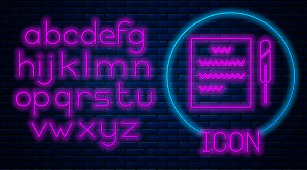 Glowing neon Feather pen and paper scroll icon isolated on brick wall background. Neon light alphabet. Vector Illustration — 스톡 벡터