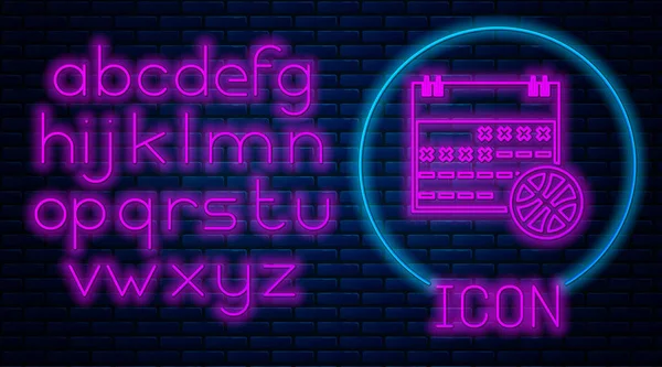 Leuchtende Neon-Basketball auf Sport-Kalender-Symbol isoliert auf Ziegelwand Hintergrund. Neonlicht-Alphabet. Vektorillustration — Stockvektor