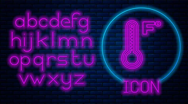 Glowing neon Meteorology thermometer measuring heat and cold icon isolated on brick wall background. Temperature Fahrenheit. Neon light alphabet. Vector Illustration — Stock Vector