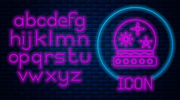 Ragyogó neon Magic labda ikon elszigetelt téglafal háttér. Kristálygömb. Neonfény ábécé. Vektorillusztráció — Stock Vector