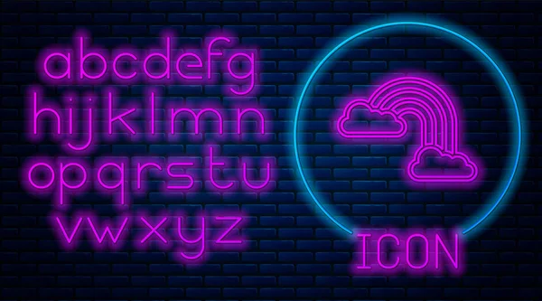Leuchtende Neon-Regenbogen mit Wolken Symbol isoliert auf Backsteinmauer Hintergrund. Neonlicht-Alphabet. Vektorillustration — Stockvektor