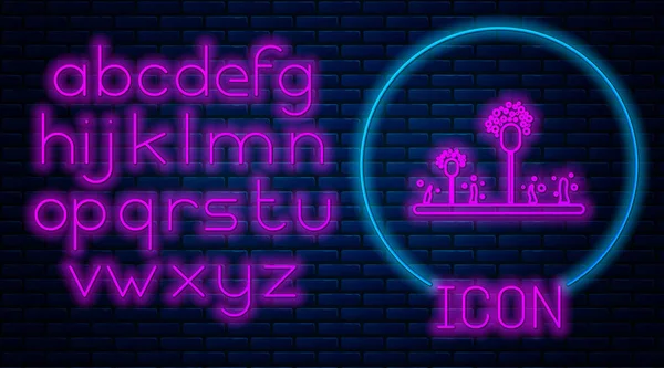 Glowing neon Mold icon isolated on brick wall background. Neon light alphabet. Vector Illustration — Stock Vector