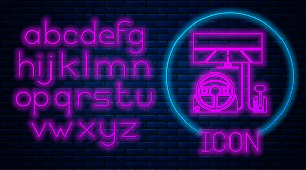 Gloeiende neon Racing simulator cockpit pictogram geïsoleerd op baksteen muur achtergrond. Gaming accessoire. Gadget voor het besturen van simulatiespel. Neon licht alfabet. Vector Illustratie — Stockvector