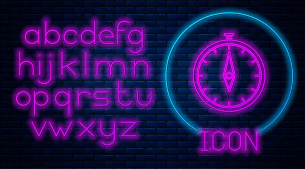 Świecący neon Ikona kompasu izolowane na tle cegły ściany. Symbol nawigacji Windrose. Wiatr różany znak. Neonowy alfabet świetlny. Ilustracja wektora — Wektor stockowy