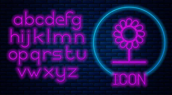 Gloeiende neon Bloem pictogram geïsoleerd op baksteen muur achtergrond. Neon licht alfabet. Vector Illustratie — Stockvector