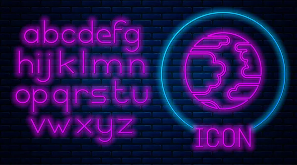 Leuchtende Neon Planet Quecksilber-Symbol isoliert auf Backsteinwand Hintergrund. Neonlicht-Alphabet. Vektorillustration — Stockvektor