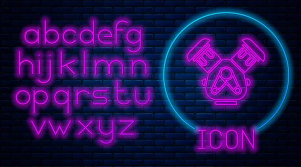 Glowing neon Car engine icon isolated on brick wall background. Neon light alphabet. Vector Illustration — 스톡 벡터