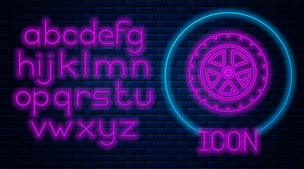 Glowing neon Car wheel icon isolated on brick wall background. Neon light alphabet. Vector Illustration — Stock Vector