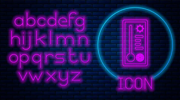 Glowing neon Meteorology thermometer measuring heat and cold icon isolated on brick wall background. Thermometer equipment showing hot or cold weather. Neon light alphabet. Vector Illustration — 스톡 벡터