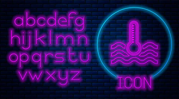 Glowing neon Water thermometer measuring heat and cold icon isolated on brick wall background. Thermometer equipment showing hot or cold weather. Neon light alphabet. Vector Illustration — Stock Vector