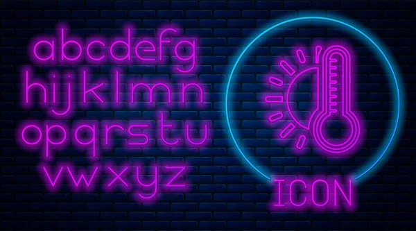Gloeiende neon thermometer met zon pictogram geïsoleerd op baksteen muur achtergrond. Neon licht alfabet. Vector Illustratie — Stockvector