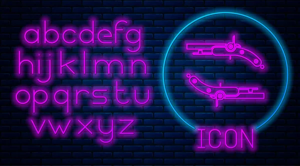 Glowing neon Vintage pistols icon isolated on brick wall background. Ancient weapon. Neon light alphabet. Vector Illustration — 스톡 벡터