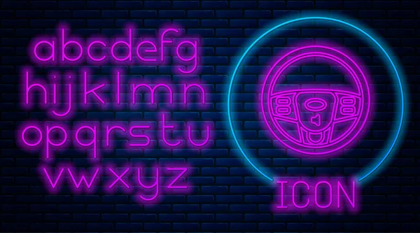 Świecąca ikona kierownicy Neon odizolowana na tle muru ceglanego. Ikona koła samochodowego. Neon światła alfabetu. Ilustracja wektorowa — Wektor stockowy