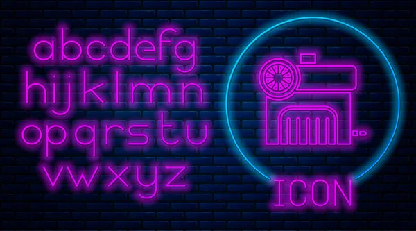 Glowing neon Air compressor icon isolated on brick wall background. Neon light alphabet. Vector Illustration — Stock Vector