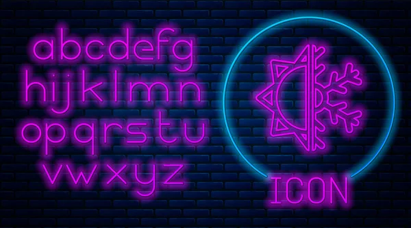 Gloeiende neon warm en koud symbool. Zon en sneeuwvlok pictogram geïsoleerd op bakstenen muur achtergrond. Winter en zomer symbool. Neon licht alfabet. Vector illustratie — Stockvector