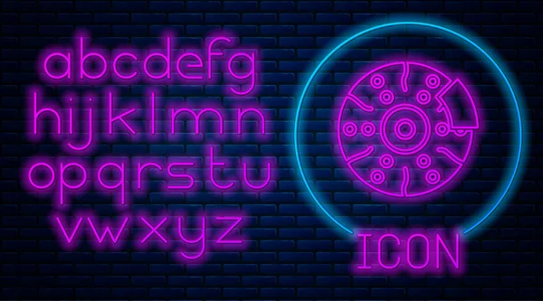 Leuchtende Neon-Auto-Bremsscheibe mit Bremssattel-Symbol isoliert auf Backsteinwand Hintergrund. Neonlicht-Alphabet. Vektorillustration — Stockvektor