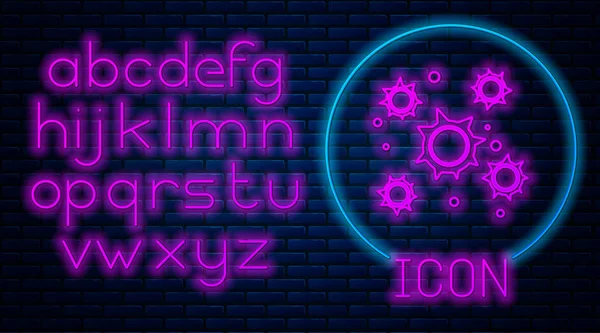 Leuchtende Neonbakterien isoliert auf Backsteinwand Hintergrund. Bakterien und Keime, krankheitsverursachende Mikroorganismen, Zellkrebs, Mikroben, Viren, Pilze. Neonlicht-Alphabet. Vektorillustration — Stockvektor