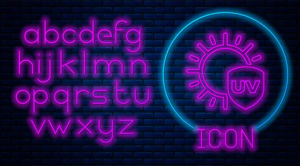 Glowing neon UV protection icon isolated on brick wall background. Sun and shield. Ultra violet rays radiation. SPF sun sign. Neon light alphabet. Vector Illustration — Stock Vector