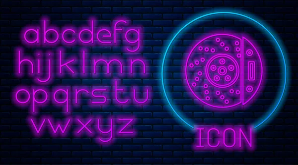 Glowing neon Car brake disk with caliper icon isolated on brick wall background. Neon light alphabet. Vector Illustration — 스톡 벡터