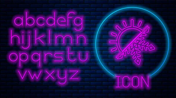 Leuchtende Neon-Symbol heiß und kalt. Sonne und Schneeflocke Ikone isoliert auf Backsteinwand Hintergrund. Winter- und Sommersymbol. Neonlicht-Alphabet. Vektorillustration — Stockvektor