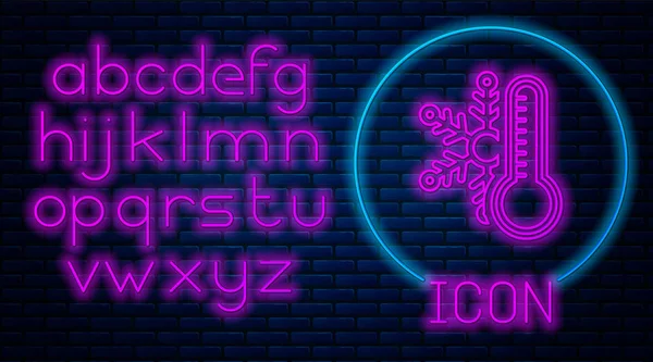 Leuchtendes Neon-Thermometer mit Schneeflockensymbol isoliert auf Ziegelwand-Hintergrund. Neonlicht-Alphabet. Vektorillustration — Stockvektor