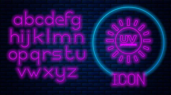 Świecąca Neon ikona ochrony UV izolowane na tle muru ceglanego. Promieniowanie ultrafioletowe promieniowania. SPF znak niedz. Neon światła alfabetu. Ilustracja wektorowa — Wektor stockowy