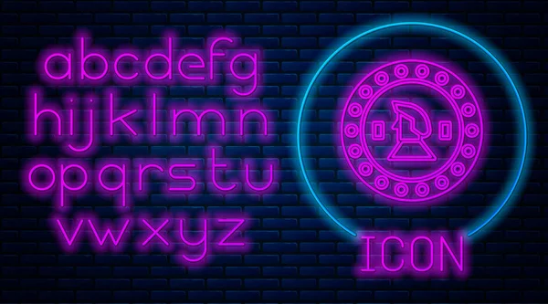 Gloeiende neon Piraten munt pictogram geïsoleerd op bakstenen muur achtergrond. Neon licht alfabet. Vector Illustratie — Stockvector