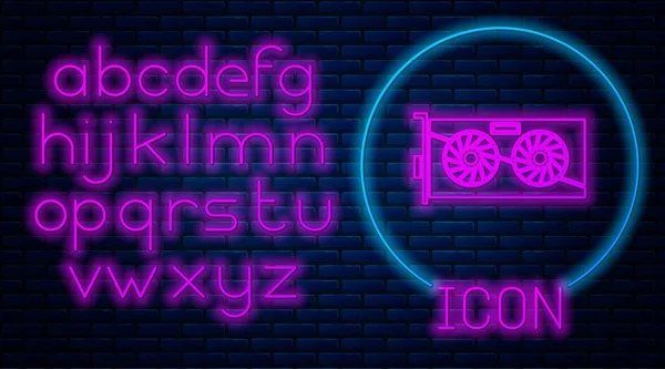 Gloeiende neon Videokaart pictogram geïsoleerd op baksteen muur achtergrond. Neon licht alfabet. Vector Illustratie — Stockvector