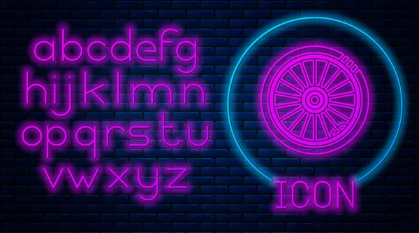 Glowing neon Car wheel icon isolated on brick wall background. Neon light alphabet. Vector Illustration — Stock Vector