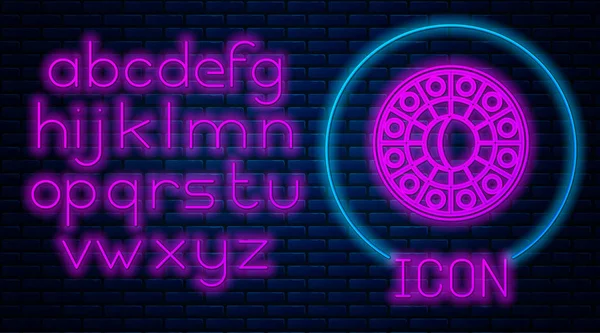 Gloeiende neon Astrologie horoscoop cirkel met dierenriem pictogram geïsoleerd op baksteen muur achtergrond. Neon licht alfabet. Vector Illustratie — Stockvector