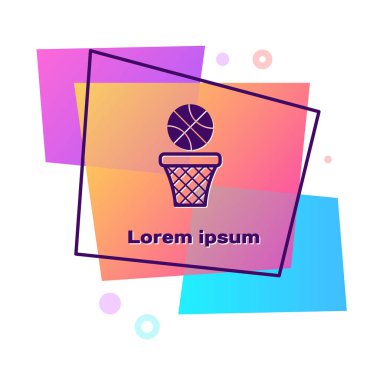 Mor basketbol topu ve basket ikonu beyaz arka planda izole edilmiş. Basketbol potasında top. Renkli dikdörtgen düğmesi. Vektör İllüstrasyonu