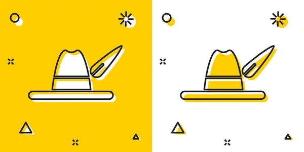 Fekete Oktoberfest kalap ikon elszigetelt sárga-fehér háttér. Vadász kalap tollal. Német kalap. Véletlenszerű dinamikus formák. Vektorillusztráció — Stock Vector