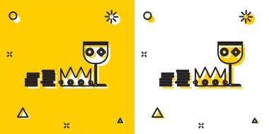 Siyah Hazine ve zenginlik simgesi sarı ve beyaz arka planda izole edilmiş. Hazine, altın, sikke, mücevher, taç, altın kupa. Rastgele dinamik şekiller. Vektör İllüstrasyonu