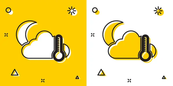 Black Thermometer and cloud with moon icon isolated on yellow and white background. Random dynamic shapes. Vector Illustration — 스톡 벡터