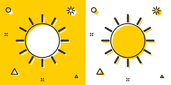 Ícone Black Sun isolado em fundo amarelo e branco. Formas dinâmicas aleatórias. Ilustração vetorial — Vetor de Stock