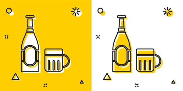 Bouteille de bière noire et icône en verre isolée sur fond jaune et blanc. Boisson d'alcool symbole. Formes dynamiques aléatoires. Illustration vectorielle — Image vectorielle
