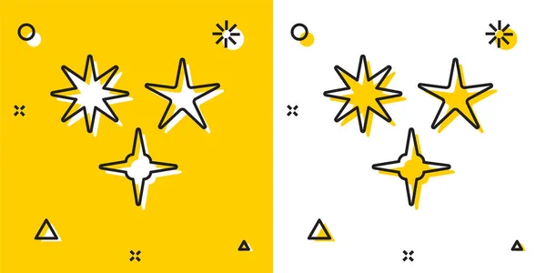Schwarzes Sternschnuppen-Symbol auf gelbem und weißem Hintergrund. Meteoroid, Meteorit, Komet, Asteroid, Sternsymbol. zufällige dynamische Formen. Vektorillustration — Stockvektor