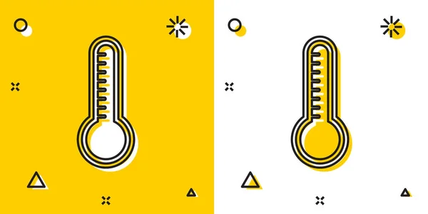 Schwarzes Meteorologie-Thermometer, das Hitze und Kälte misst, isoliert auf gelbem und weißem Hintergrund. Thermometerausrüstung, die heißes oder kaltes Wetter zeigt. zufällige dynamische Formen. Vektorillustration — Stockvektor