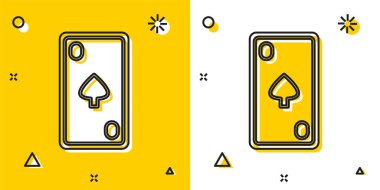 Sarı ve beyaz arka planda elmas sembollü siyah iskambil kartı. Kumarhane kumarı. Rastgele dinamik şekiller. Vektör İllüstrasyonu