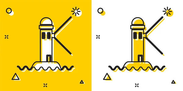 Ícone do farol preto isolado no fundo amarelo e branco. Formas dinâmicas aleatórias. Ilustração vetorial — Vetor de Stock