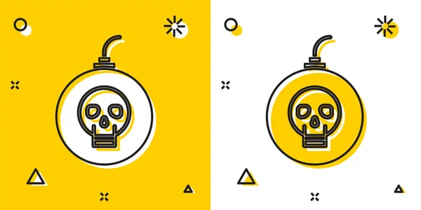Černá bomba připravena explodovat ikonu izolované na žlutém a bílém pozadí. Šťastný Halloweenský večírek. Náhodné dynamické tvary. Vektorová ilustrace — Stockový vektor