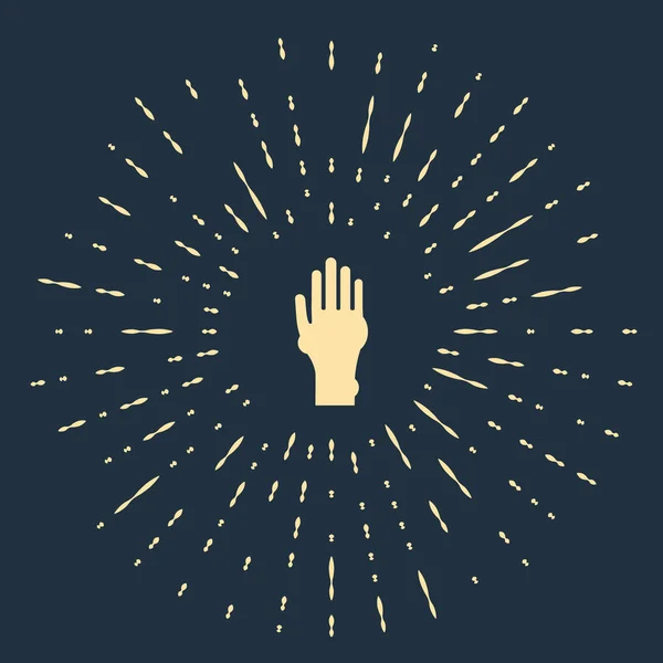 Beige Hand met psoriasis of eczeem pictogram geïsoleerd op blauwe achtergrond. Concept van de menselijke huidrespons op allergeen of chronisch lichaamsprobleem. Abstracte cirkel willekeurige stippen. Vector Illustratie — Stockvector