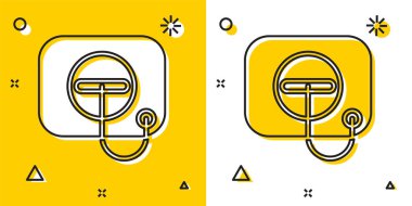 Benzin istasyonu ikonunda siyah yağ dolgu kapağı açılıyor. Sarı ve beyaz arka planda izole edilmiş. Rastgele dinamik şekiller. Vektör İllüstrasyonu